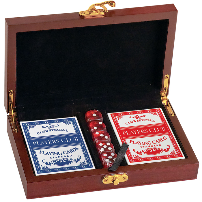 Custom engraved rosewood finish card & dice set, corporate gifts from Doug's Engraver's Den Custom engraved rosewood finish card & dice set, corporate gifts from Doug's Engraver's Den