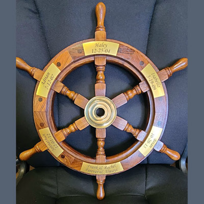 Custom engraved wooden boat wheel, Doug's Engraver's Den Custom engraved wooden boat wheel, Doug's Engraver's Den